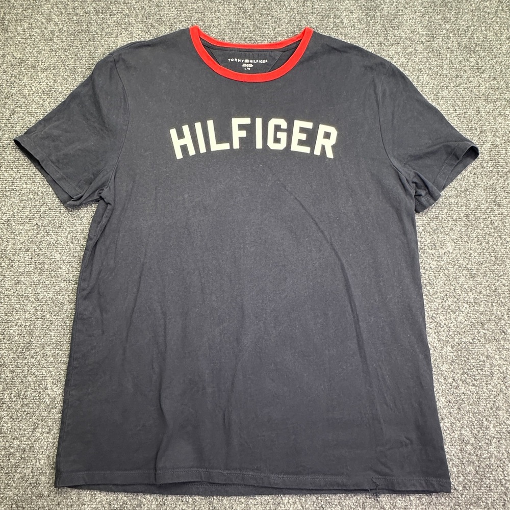 Tommy Hilfiger T-Shirt Navy Blue Red Ringer Crew Neck Arched‎ Graphic Logo L
